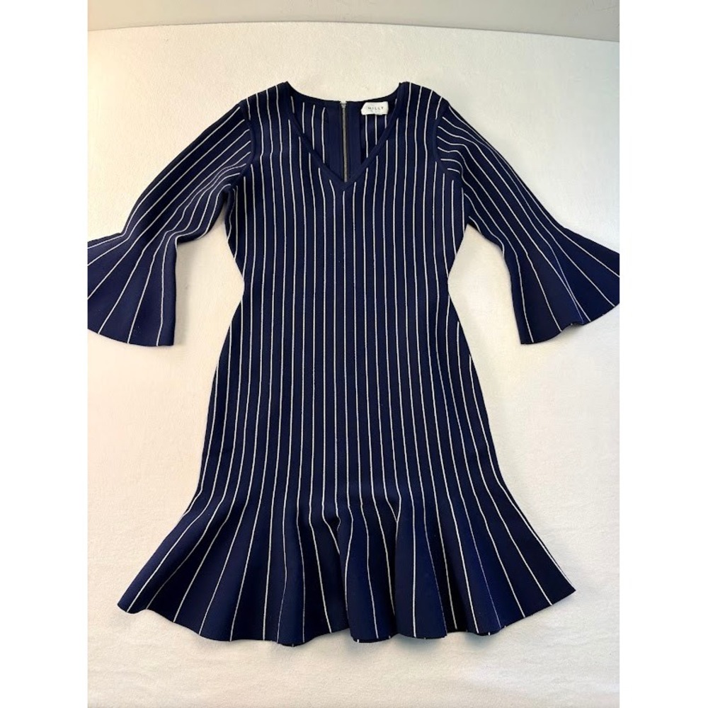 Milly Knit Fit Flare Dress Womens L Navy Blue Mermaid‎ Pinstripe Bell Sleeve